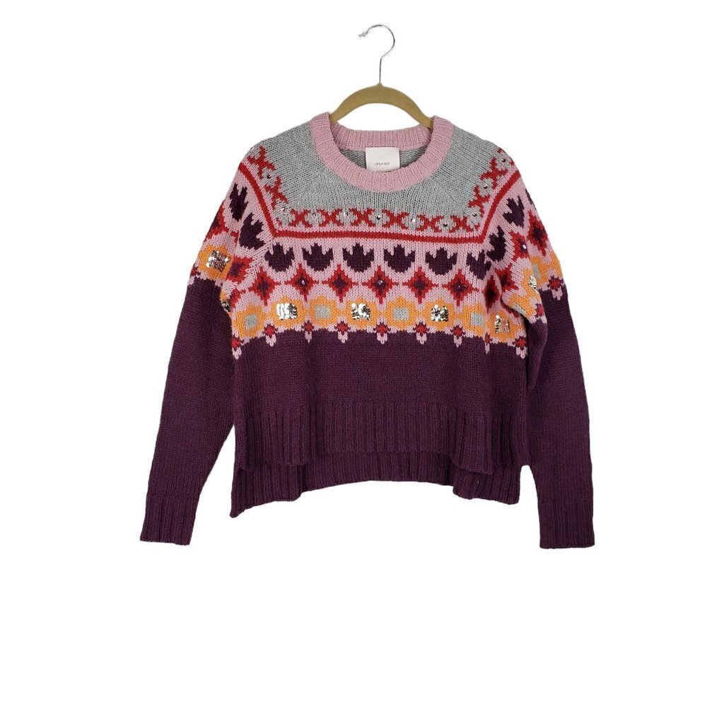 Cinq a Sept Gianni Fair Isle Sweater Wool Blend Sequin Burgundy Womens Size XS